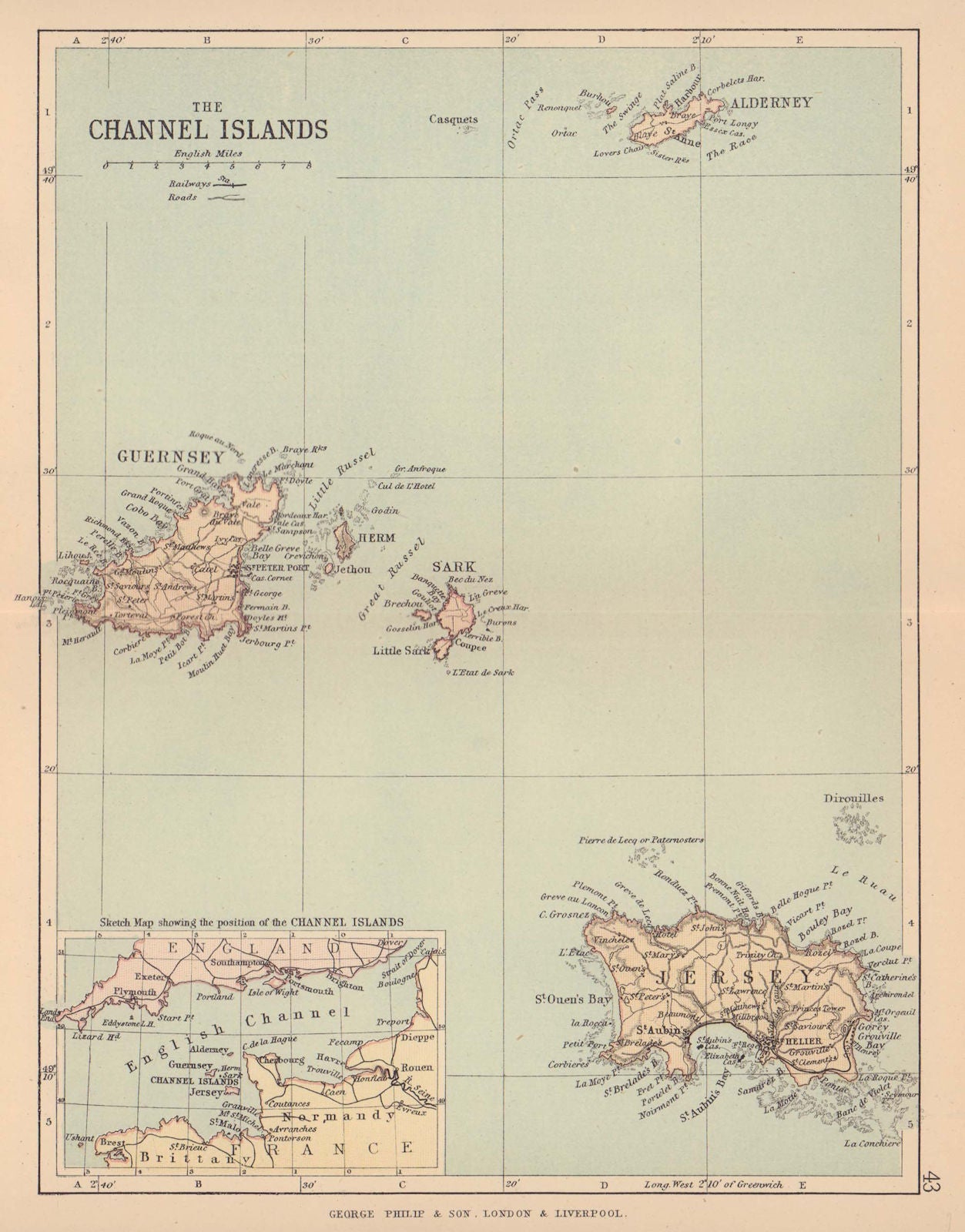 CHANNEL ISLANDS. Antique map. Jersey Guernsey Sark Alderney. PHILIP 1885